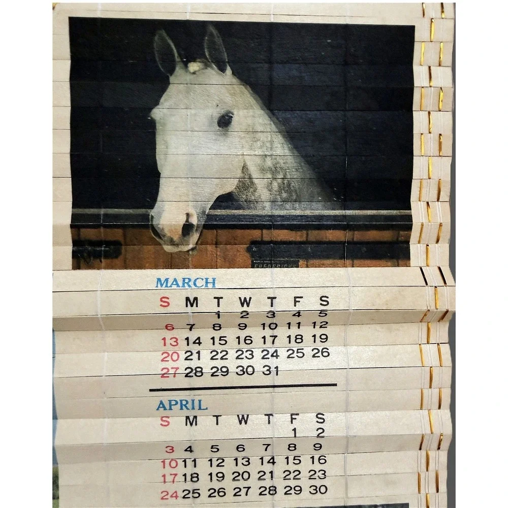 Vintage 1988-1989 Bamboo Slatted Double-Sided HORSE Calendar Roll 31.5